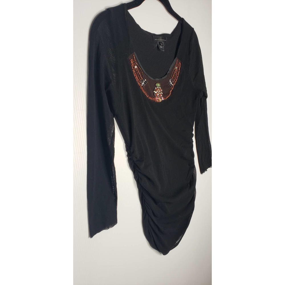 Vintage Y2K Weston Wear Black Sheer Mesh Beaded Embellished 3/4 Sleeve Top Large - Picture 2 of 11